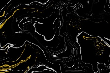 Black and white marble pattern with gold glitter. Marble liquid texture.