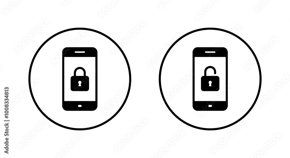 Poster lock and unlock padlock on cellphone screen icon on circle line