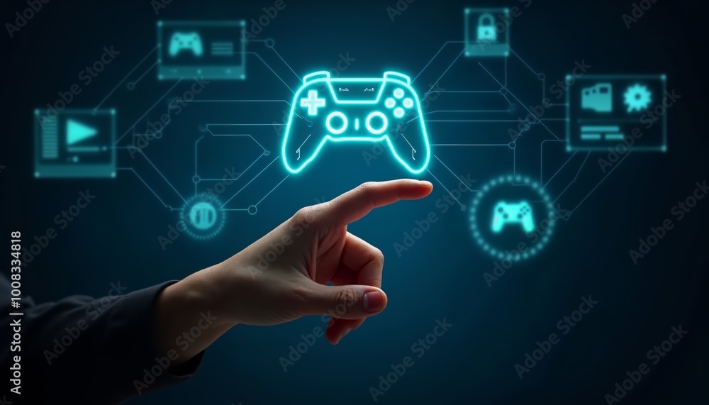 Poster futuristic hand pointing at neon video game controller icon on circuit board background for gaming p