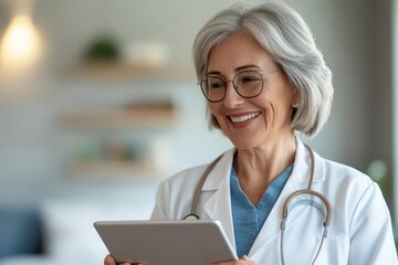 Senior doctor smiling while using tablet for telemedicine appointment
