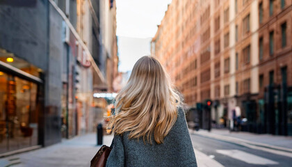 Fototapeta premium A stylish individual walking down a city street, showcasing modern fashion trends