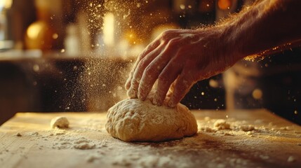 Close-Up of Hands Kneading Dough with Flour Swirling, Rustic Baking Scene