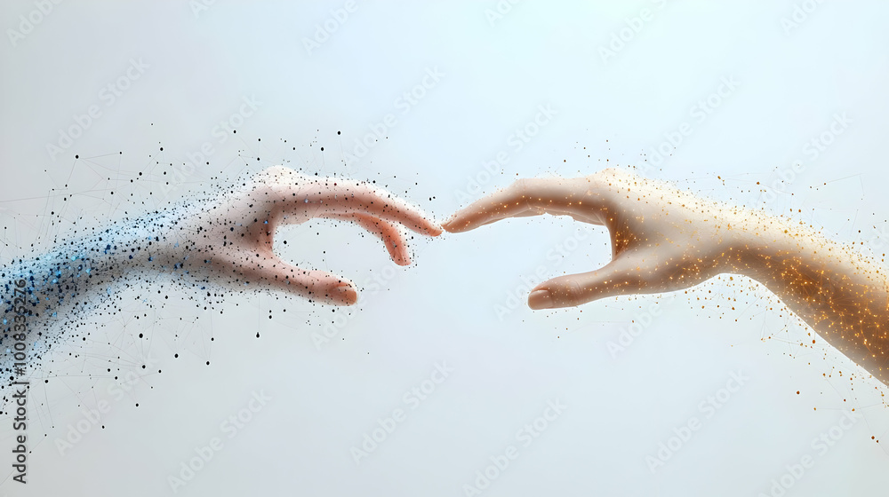 Poster Abstract Illustration - Digital Connection: Two Hands Reaching Out in a Network of Nodes and Lines