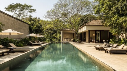 Fototapeta premium A long, rectangular swimming pool with lounge chairs and umbrellas.