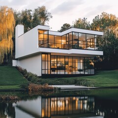 Fototapeta premium Modern white house with large windows reflecting in a pond.