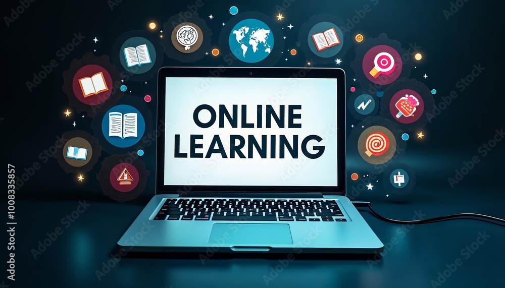 Poster laptop displaying online learning surrounded by educational icons for digital learning and e-learnin