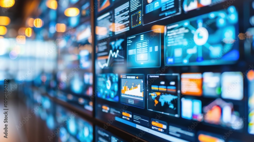 Poster digital data dashboard with colorful graphs and charts