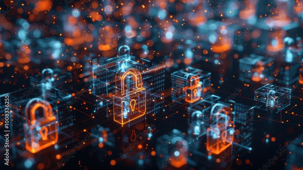 Poster digital security concept with lock and data flow