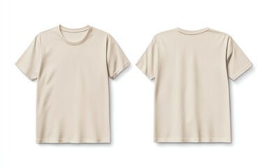 Front and back view mockup of a plain pastel pink tshirt on a white background, displayed side by side, smooth texture, realistic shadow effects, minimalistic design, sharp edges