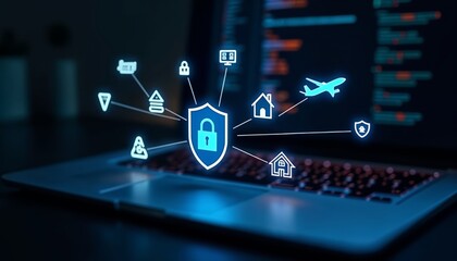 Laptop Displaying Home Security Icons: A Visualization of Safety in Home and Travel Environments