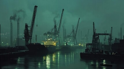 Obraz premium A view of a harbor at dusk with ships, cranes, and buildings.