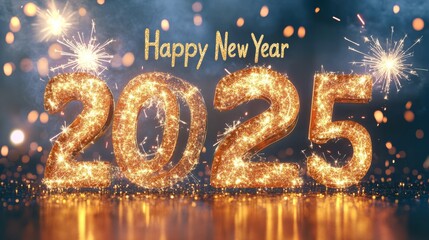 Happy New Year 2025 is presented in glittery gold numbers with sparklers lighting the background. This festive image is perfect for celebrations, invitations, and holiday cards.. AI Generation