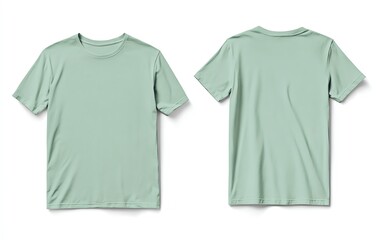 Front and back view mockup of a plain pastel pink tshirt on a white background, displayed side by side, smooth texture, realistic shadow effects, minimalistic design, sharp edges