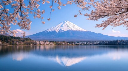 A snow-capped mountain, reflected in still blue water, framed by blossoming cherry branches.
