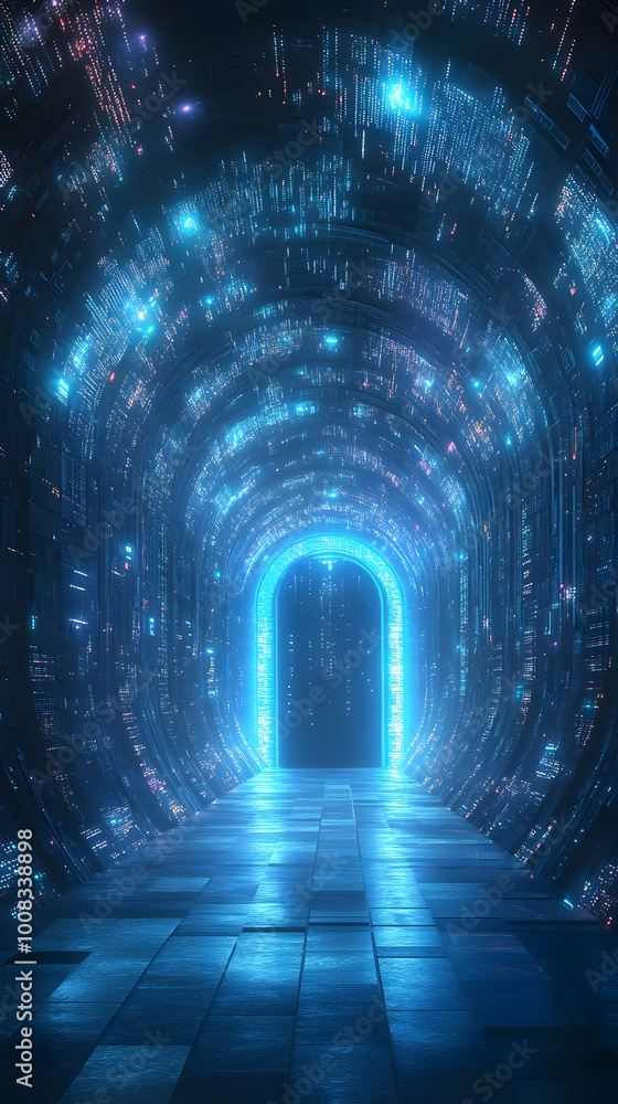 Poster 3d illustration: futuristic tunnel with glowing lights and binary code