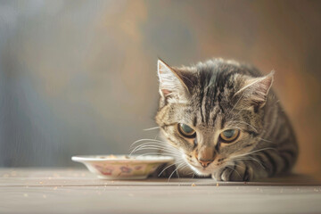 Curious Tabby Cat with Green Eyes Gazing Behind a Bowl in Artistic Background