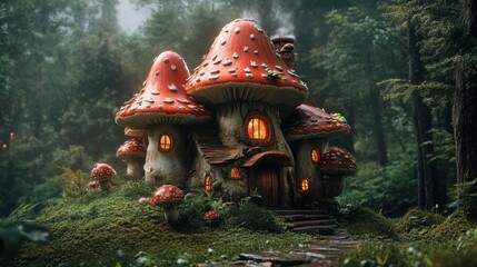 Fototapeta premium A magical mushroom house with glowing windows sits in a lush, green forest.