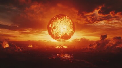 Obraz premium A massive fiery explosion in the sky above a city, with plumes of smoke and a fiery glow in the clouds.