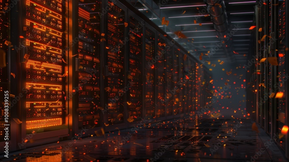 Poster high-tech data center with floating particles and lights