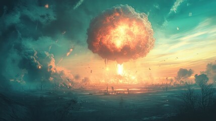 A large mushroom cloud rises into a teal sky, a post-apocalyptic landscape stretches out below.