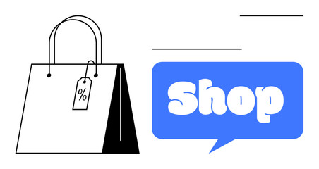 Shopping bag with sale tag and blue speech bubble with white Shop text. Ideal for online shopping promotion retail sales discounts ecommerce advertising and store marketing. Minimalist vector style