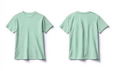 Front and back view mockup of a plain pastel pink tshirt on a white background, displayed side by side, smooth texture, realistic shadow effects, minimalistic design, sharp edges