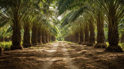A narrow path through a dense palm tree plantation with sunlight filtering through the foliage.