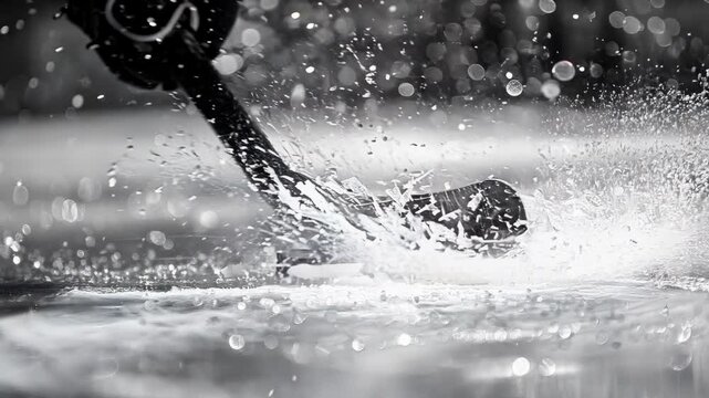 Hockey stick splashing on ice during intense game action, 4k footage