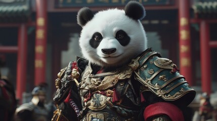 A panda wearing ornate armor stands in front of a red and gold building.