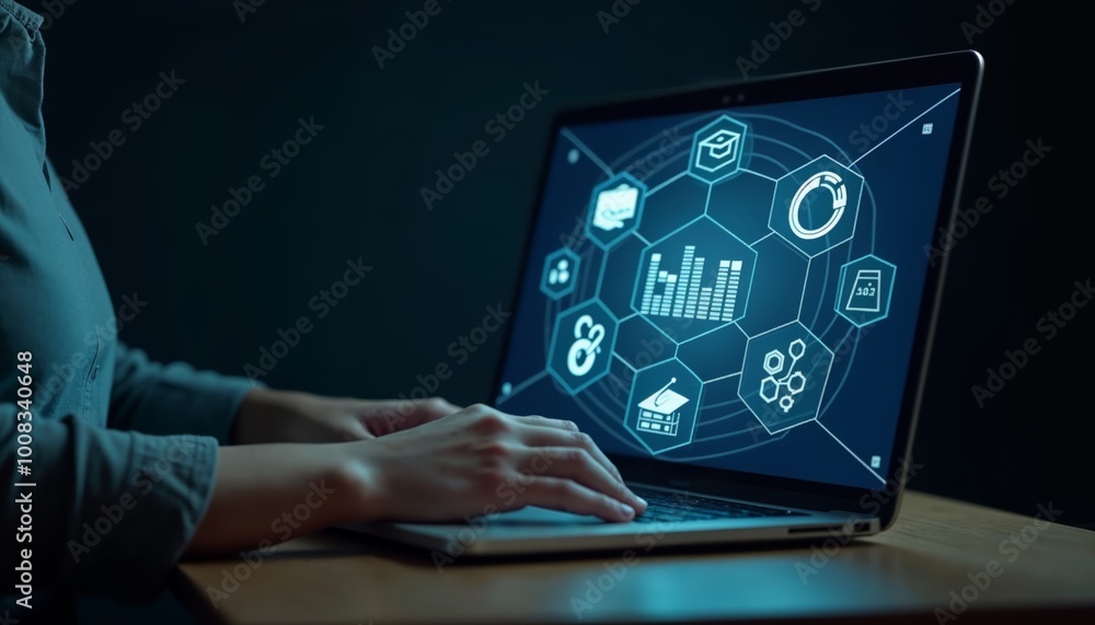Poster futuristic user interface: a person engaging with holographic data visualizations on a laptop
