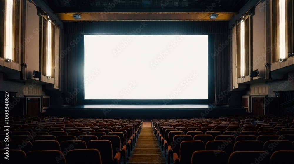 Poster empty theater with blank screen and rows of seats
