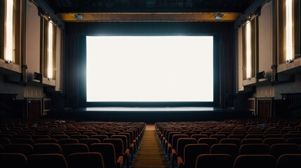 Empty theater with blank screen and rows of seats