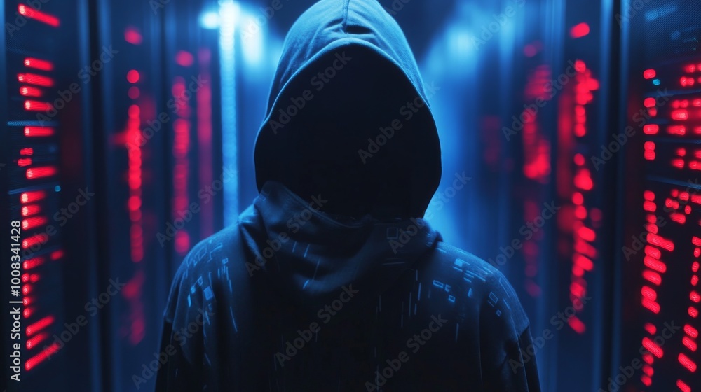 Poster a hooded figure stands in a data center, surrounded by server racks illuminated by contrasting red a
