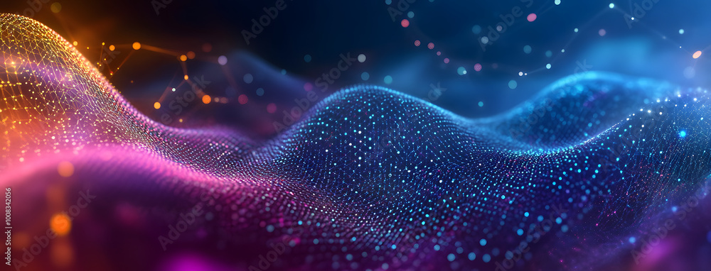 Poster big data visualization. the musical stream of sounds. abstract background with interweaving of dots 