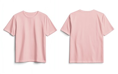 Front and back view mockup of a plain pastel pink tshirt on a white background, displayed side by side, smooth texture, realistic shadow effects, minimalistic design, sharp edges