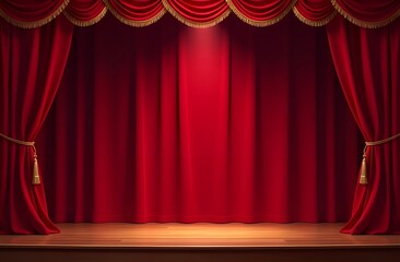 A beautiful red velvet curtain decorates the stage, an empty stage, a place for text or Product. Circus concert, theater, Christmas and performance