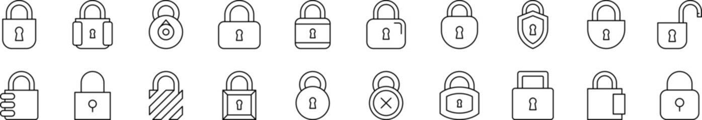 Padlock and Lock Icon Set for UI, Placards, Books, Apps. Editable Stroke. Suitable for Web Sites, Books, Cards, Apps