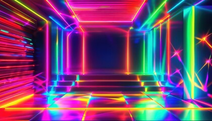 Fototapeta premium Dazzling retro disco background with vibrant neon colors and abstract patterns, perfect for digital product placement in 80s-styled designs.