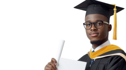 Graduation ceremony, proud graduate, holding diploma, academic achievement, wearing cap and gown, smiling confidently, celebrating success, education milestone, young man, formal attire