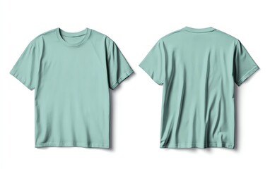 Front and back view mockup of a plain pastel pink tshirt on a white background, displayed side by side, smooth texture, realistic shadow effects, minimalistic design, sharp edges