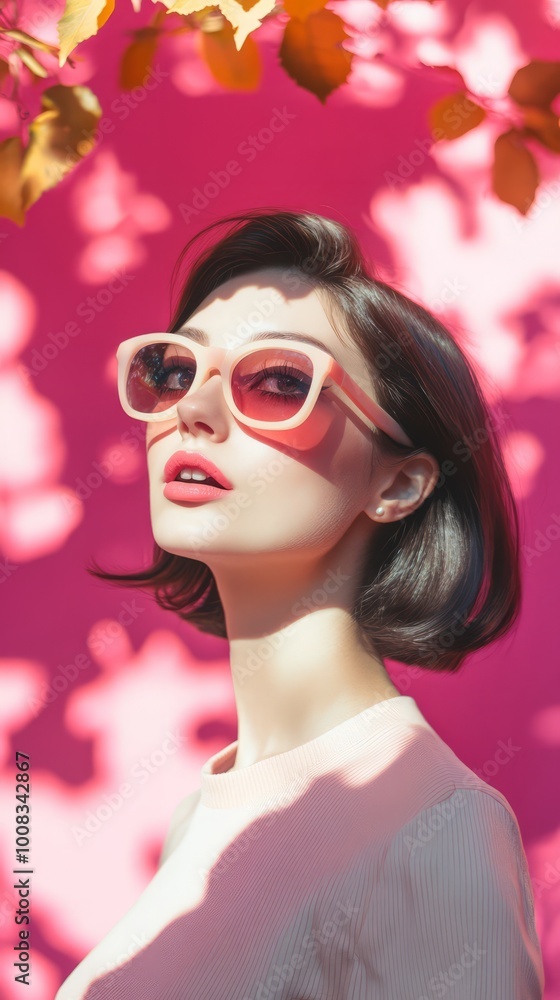 Wall mural a captivating portrait of a stylish woman with a bob haircut, wearing trendy sunglasses, set against