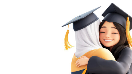 Two graduates celebrating their achievement with warm embrace, showcasing joy and camaraderie. Their caps and gowns symbolize success and new beginnings