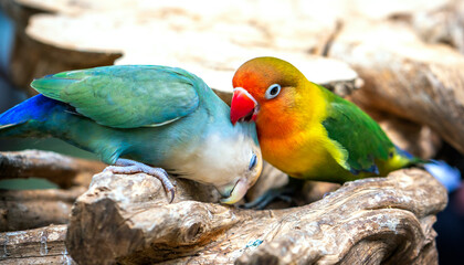 Two lovebird (Agapornis roseicollis) also known as rosy collared or peach faced lovebird. Two colorful parrots male and female are together