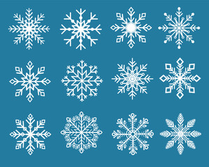 Various shapes and ornaments Snowflakes icon set template. Background for home decor, Christmas market, banner, cover, greeting card, web banner, business card. Vector.