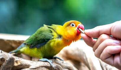 Lovebird (Agapornis roseicollis) is cared for and petted by human hands as a domestic pet