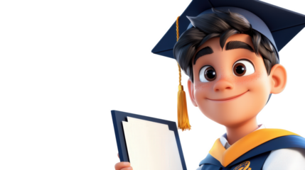 Animated graduate boy holding diploma, smiling proudly in cap and gown, celebrating achievement with joy and excitement