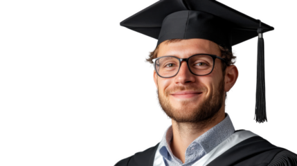Graduation portrait of man wearing cap and gown, smiling confidently. His glasses add scholarly touch, reflecting achievement and pride in his academic journey