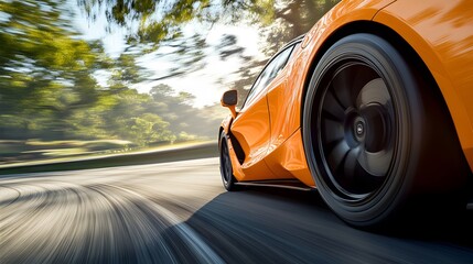Orange Sports Car Driving on a Winding Road with Blurred Background