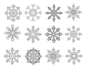 Various shapes and ornaments Black Snowflakes icon set template. Background for home decor, Christmas market, banner, cover, greeting card, web banner, business card. Vector.