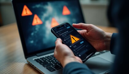 Hands Holding Smartphone with Warning Icon Displayed, Suggesting Potential Security Alert or Software Issue
